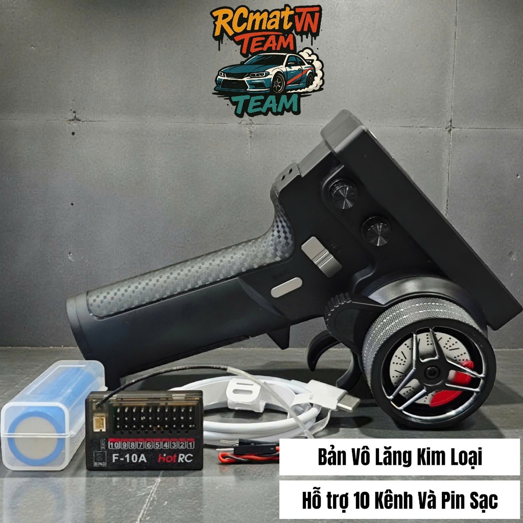 Phụ kiện Ô tô tay điều khiển từ xa HotRC CT10B F-10A 10 kênh 2.4GHZ vô lăng kim loại kèm pin sạc