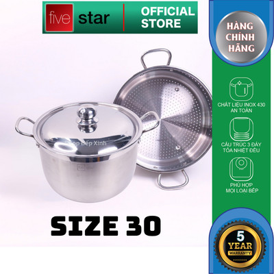 Bộ 2 Nồi Xửng Hấp Inox 430 3 Đáy FiveStar FSNX30001 Nắp Inox, Bếp Từ, Hàng Việt Nam, BH 5 Năm