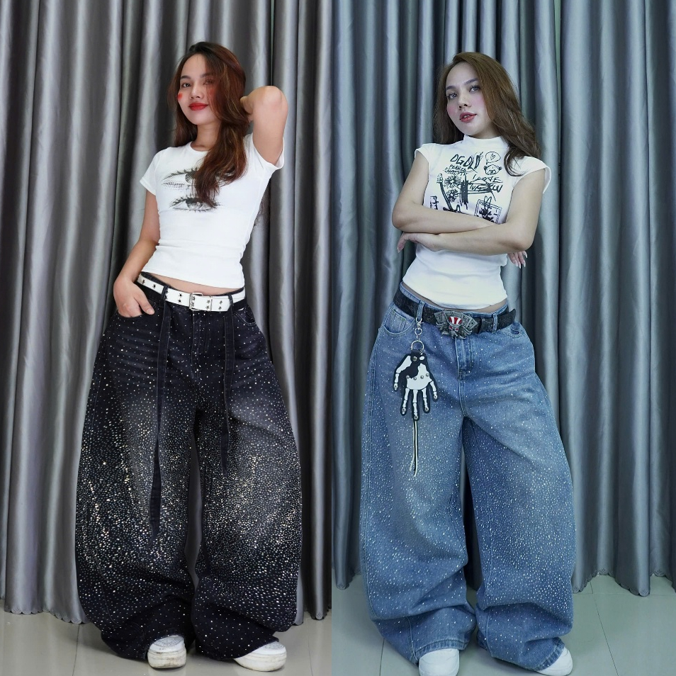 Quần Jeans Ống Rộng Unisex Đính Đá Bling Bling Phong Cách Bụi Bặm Cá Tính Streetstyle Unisex M.I.O S