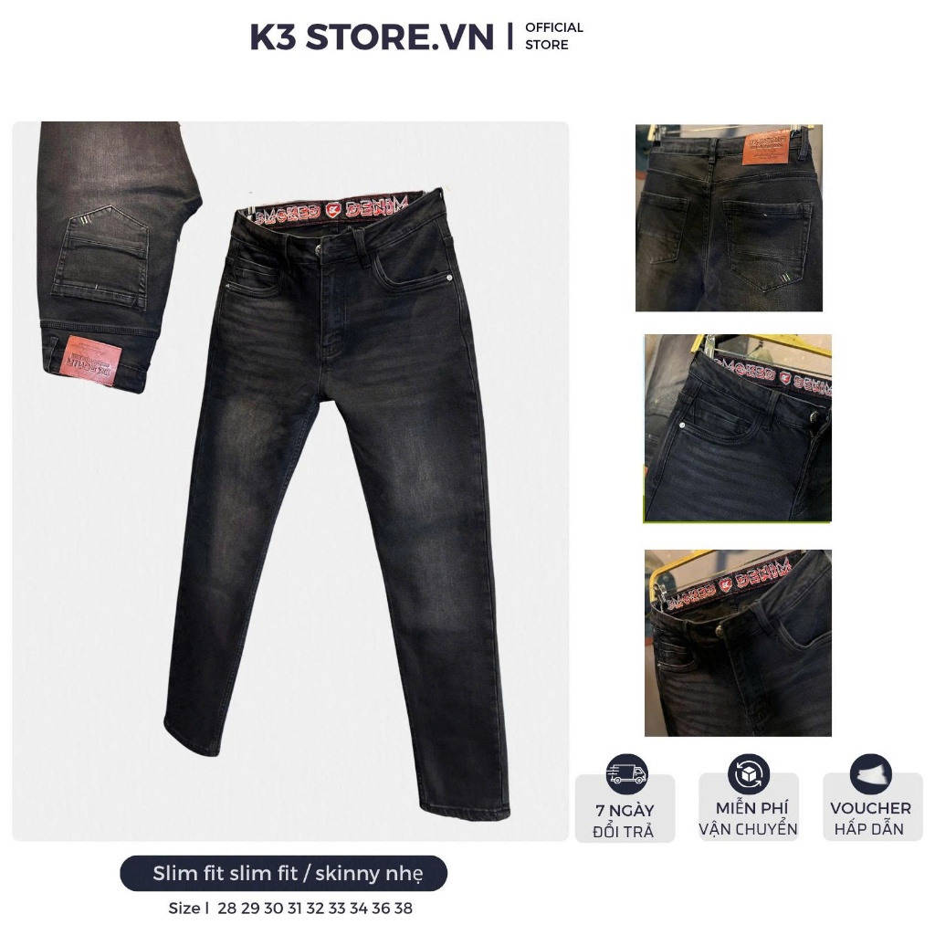 [K3 STORE VN]Quần Jean Nam Dài Màu Xám Đen Was Thêu Lưng Chỉ Đỏ Mẫu Mới 3K1525-J4049.