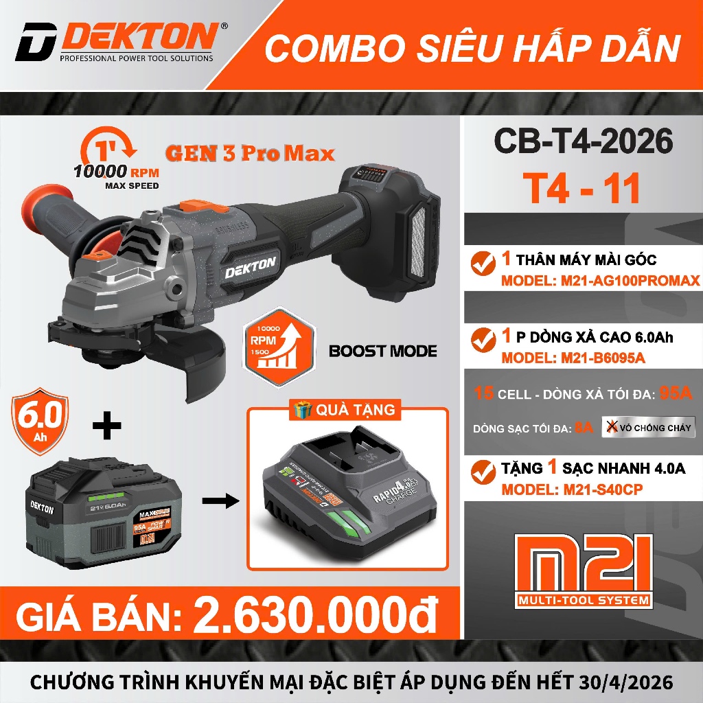 [🔥Siêu KM Tháng 4] Máy mài pin Dekton M21-AG100Promax / Thế Hệ 3 / Anti Kickback