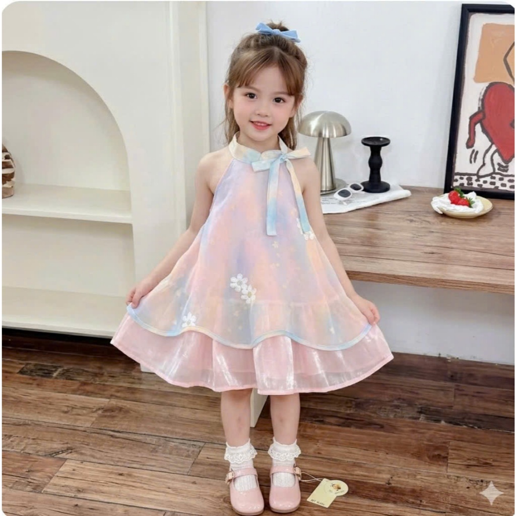 Sẵn/SET váy cổ yếm voan tơ hai lớp phối màu loang siêu iu, chân váy xòe rộng đính hoa nơ nổi từ 10-3