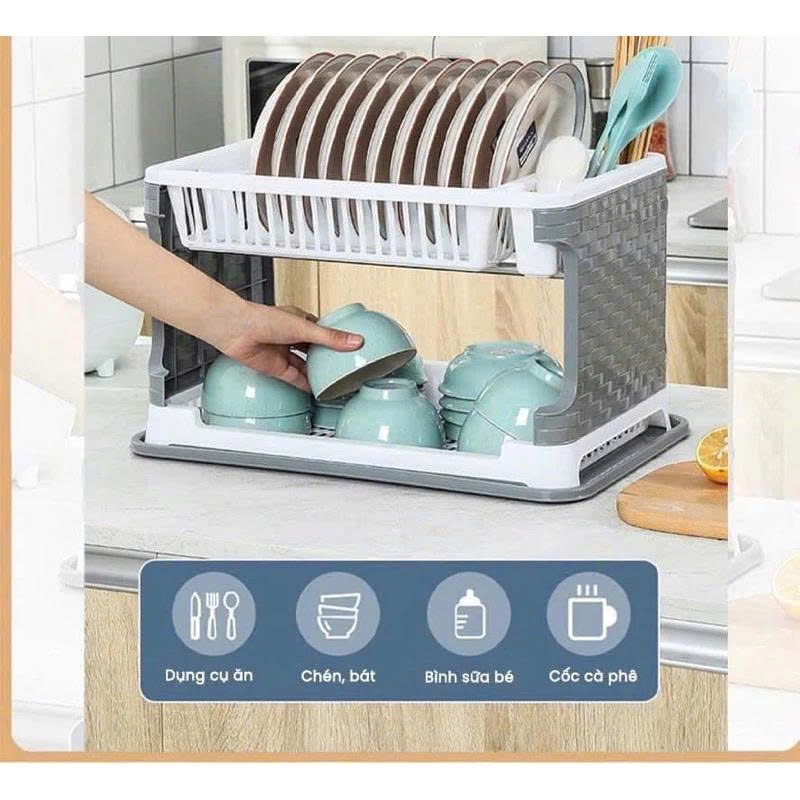 KỆ ÚP CHÉN BÁT 2 TẦNG CÓ KHAY THOÁT NƯỚC CHUẦN HÀNG XUẤT XỊN - KHAY ĐỰNG CHÉN DĨA, ĐŨA MUỖNG CÓ ỐNG 