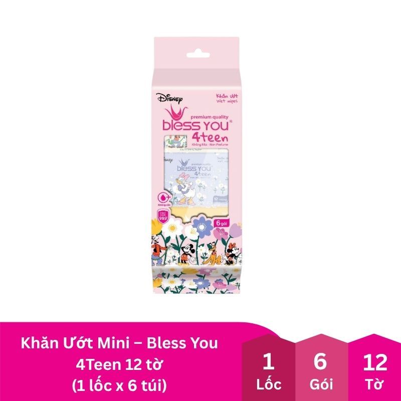 Khăn Ướt Mini – Bless You 4Teen 12 tờ (1 lốc x 6 túi)