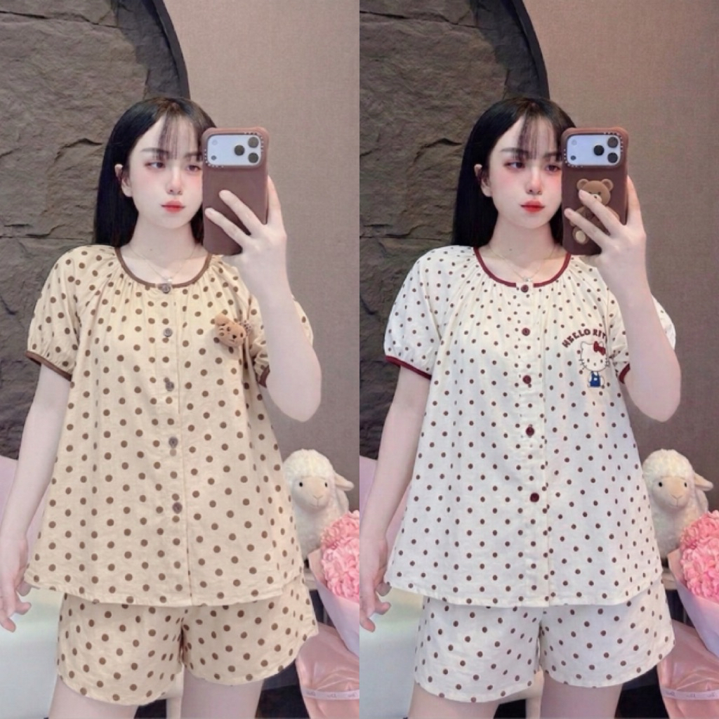 Set Bộ Ngủ Nữ , Set Bộ Ngủ Pijama Đùi Cổ Tròn Đính Gấu