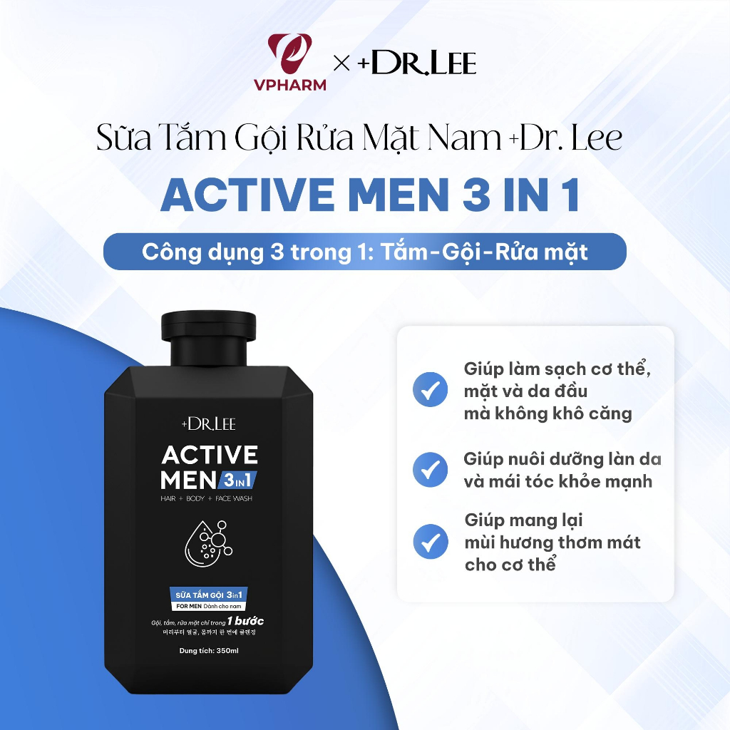 Sữa Tắm Gội Nam 3in1 +Dr.Lee Active Men – Dầu Gội Sạch Gàu, Mát Lạnh, Ngừa Mụn Lưng (350ml)
