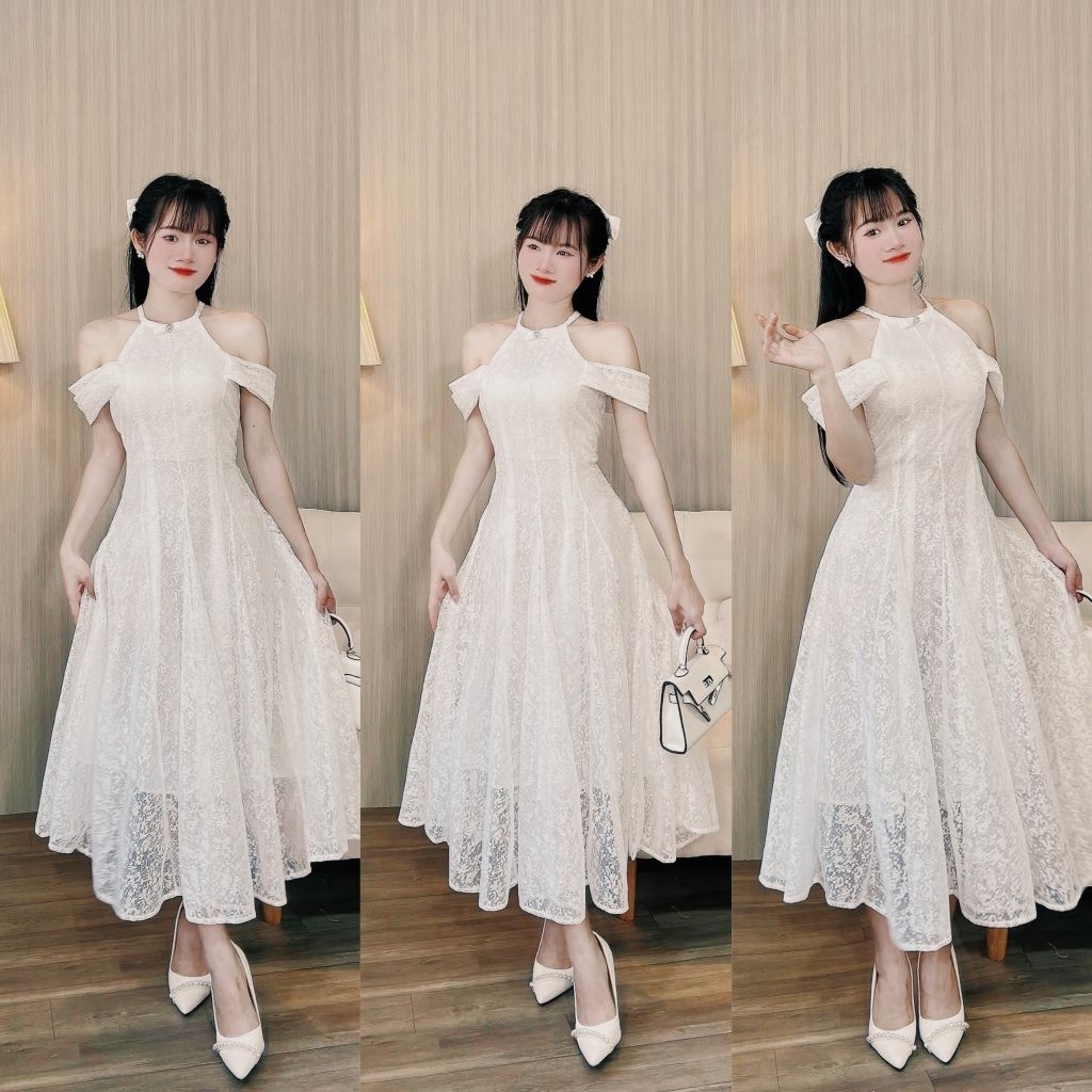 Đầm dự tiệc cổ yếm dáng dài xoè rộng kèm hình thật