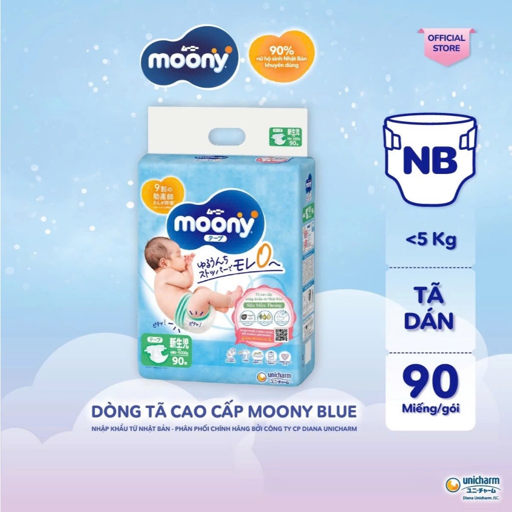 Bỉm Moony Xanh. Bỉm tã dán, Bỉm tã quần nhập khẩu siêu Cao cấp cho Bé.