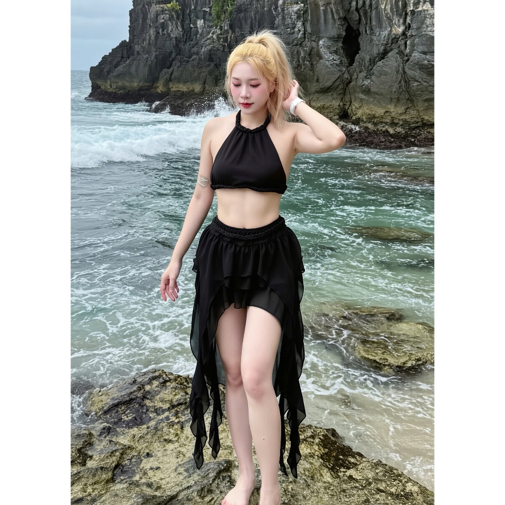 [ BKN 1015 ] Set đi biển CHINFON áo yếm dây đan + phối váy bèo tua rua cao cấp HÀ BIKINI | BigBuy360 - bigbuy360.vn