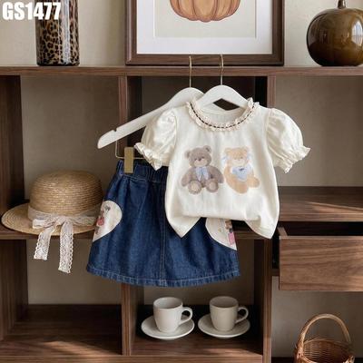 Set Áo Thun Tay Phồng Hoa Tiết Gấu Váy Chữ A Denim Cho Bé Gái 1-8 Tuổi MINTSCLOSET Quảng Châu GS1477 GS1508
