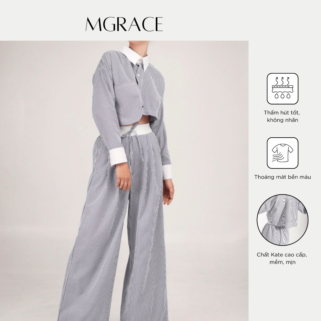 Set Đồ Nữ MGRACE Áo Croptop Quần Suông Dài Kẻ Sọc Phối Viền Thanh Lịch - Chất Kate Cao Cấp Mềm Mịn
