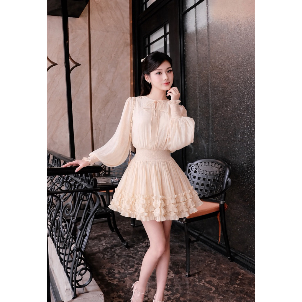 Đầm Tơ Xoè Tay Phồng Nhún Eo Tiểu Thư Nhẹ Nhàng