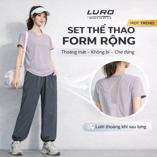 Set đồ thể thao nữ LURO form rộng, áo phối lưới thoáng khí + quần ống rộng, đồ tập gym yoga nữ mát