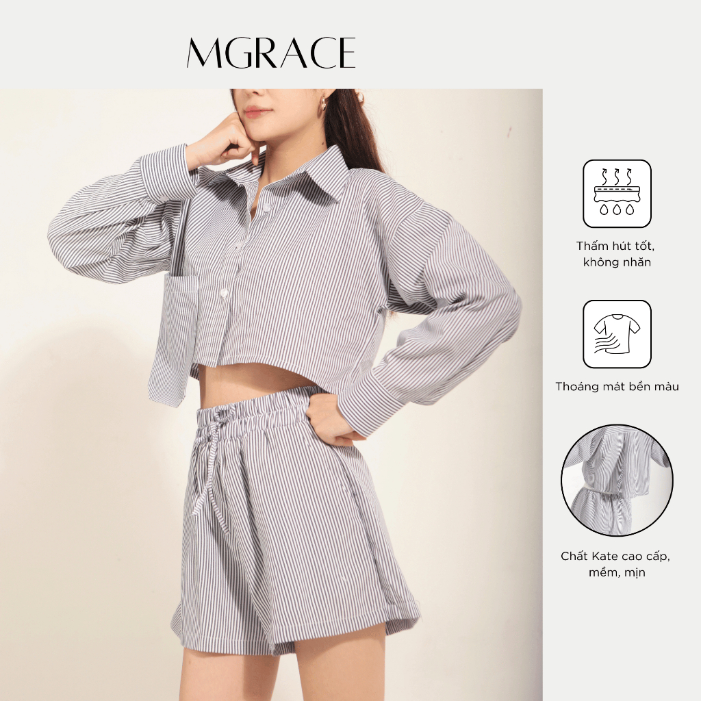 Set Đồ Nữ MGRACE Áo Croptop Tay Dài Và Quần Đùi Kẻ Sọc - Chất Kate Cao Cấp
