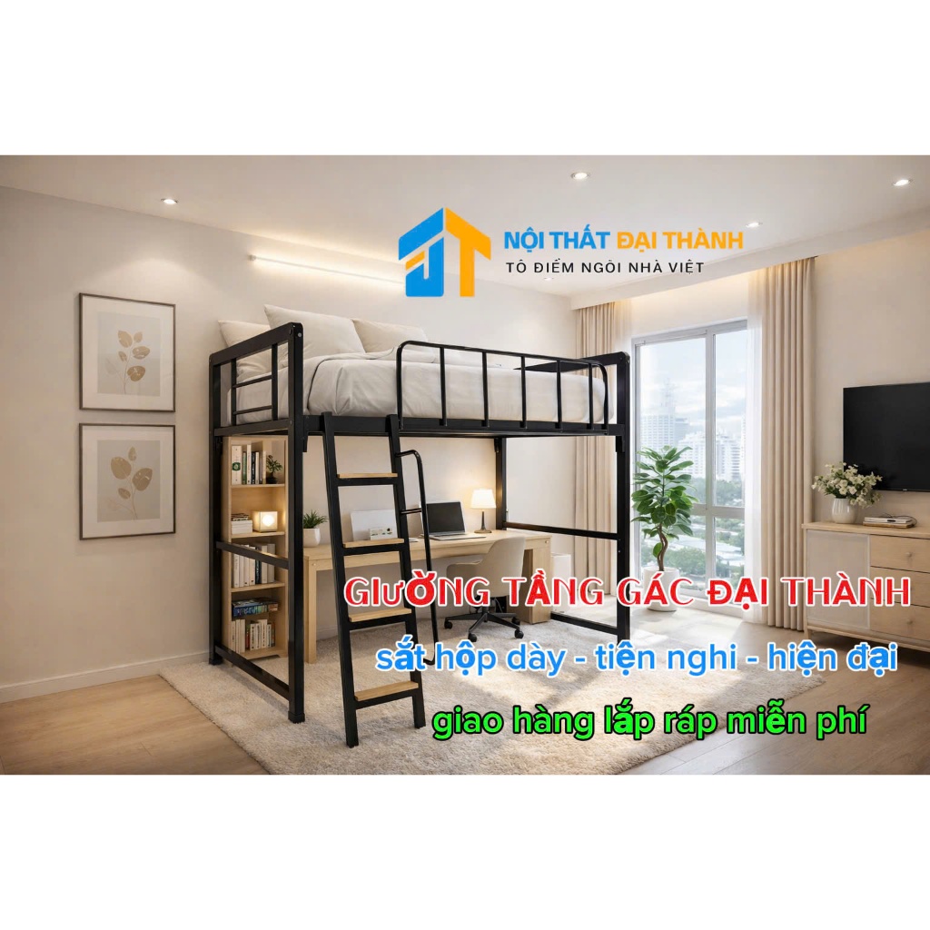Giường tầng gác 1m6x2m sắt hộp 48, giao và ráp miễn phí HCM, hình chụp thật 100% Nội Thất Đại Thành