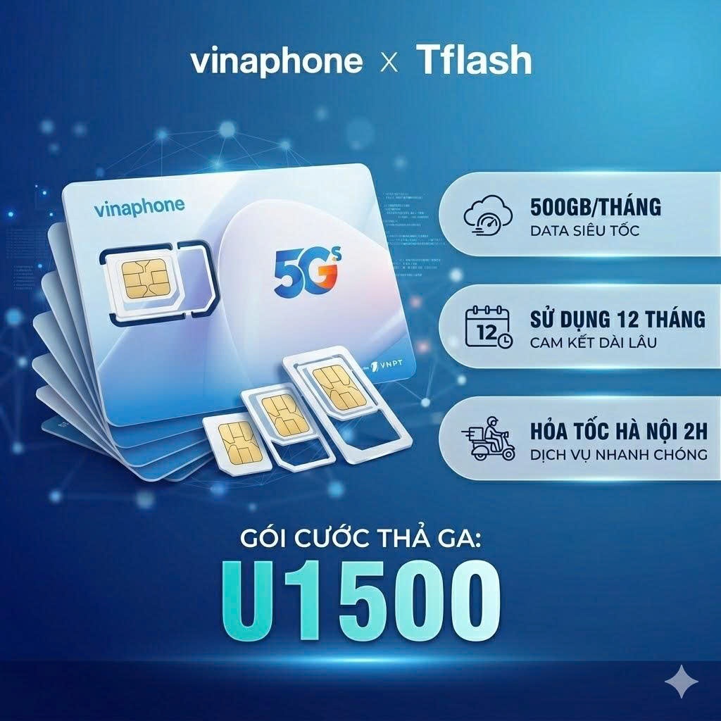 Sim U1500 5G - Sim Vinaphone 12 tháng sử dụng 500GB/tháng không cần nạp, có làm esim