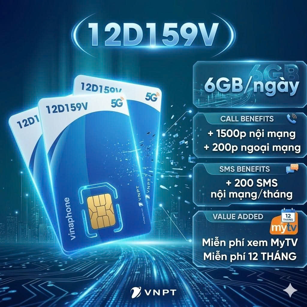 Sim Vinaphone 12D159V - 6GB/ngày + 1500 phút nội mạng, 200 phút ngoại mạng, 200 sms, free mytv.