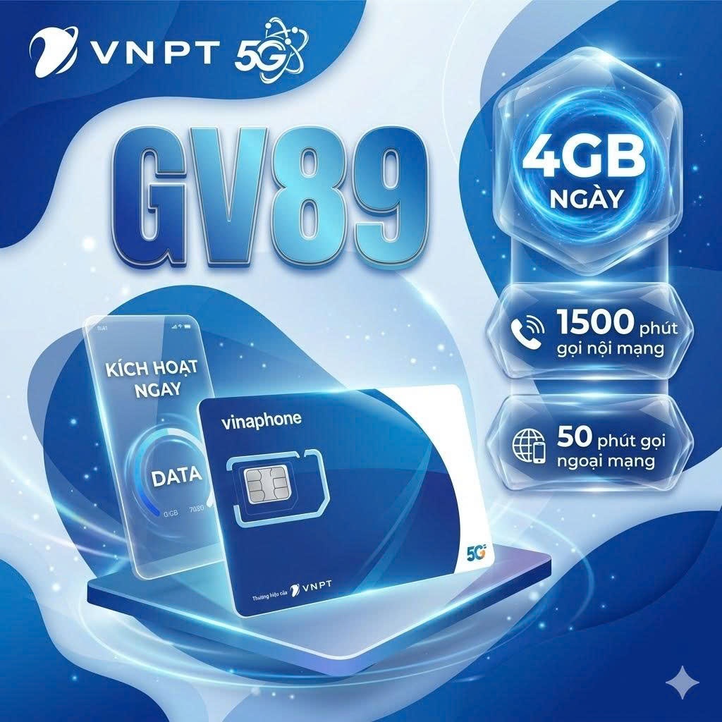 GV89 Sim Vinaphone: 4GB/ ngày, 1500p nội mạng, 50p ngoại mạng, miễn phí TIK, RALO, gia hạn 89k/tháng