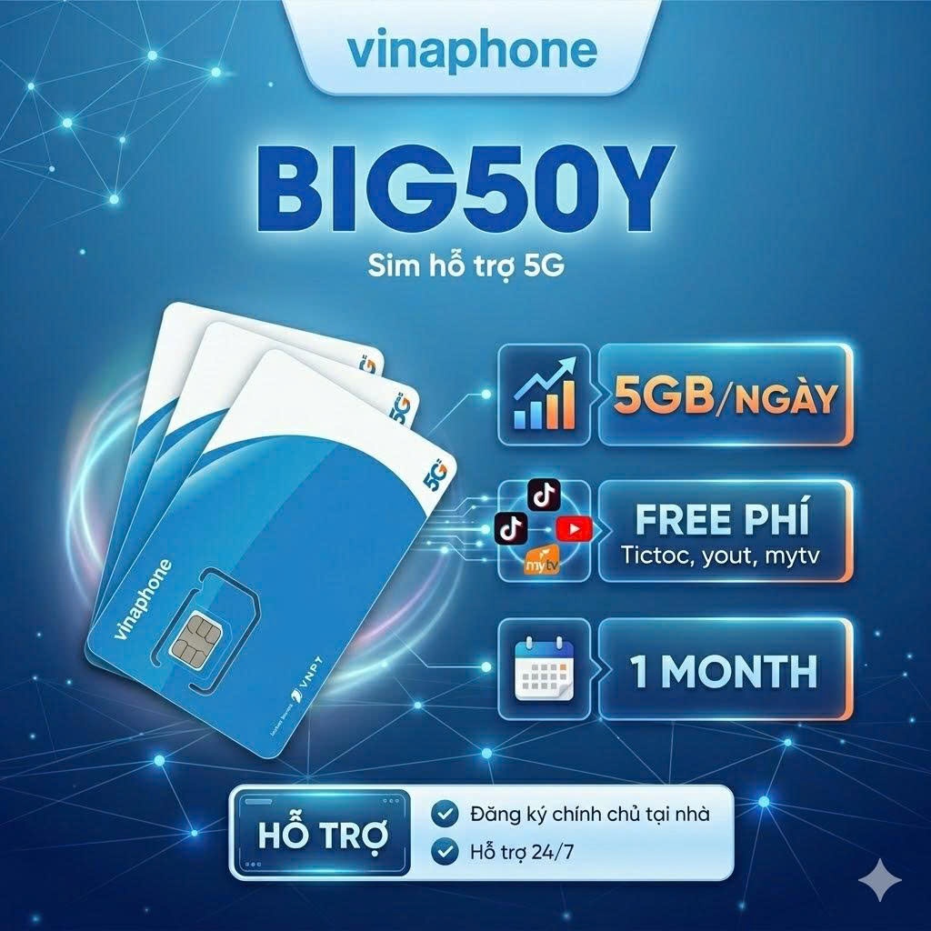 Sim BIG50Y 5G - Sim Vinaphone 1 tháng sử dụng, 5GB/ ngày