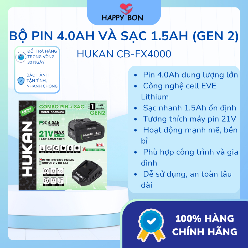 Bộ pin 4.0Ah và sạc 1.5Ah (Gen 2) HUKAN CB-FX4000