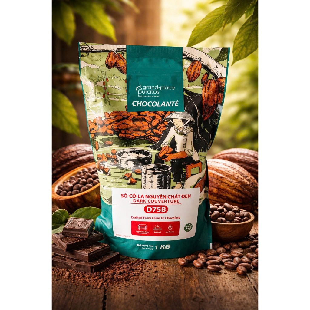 1 Socola nguyên chất đen Dark Couverture D75B (75% cacao) Túi 1Kg