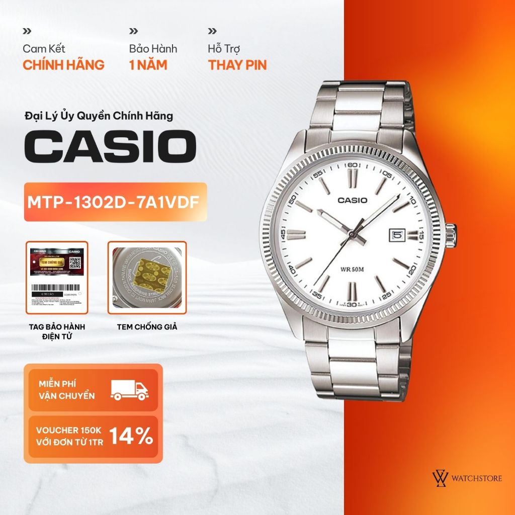 Đồng Hồ Nam Casio MTP-1302D-7A1VDF Mặt Kính Khoáng 38.5mm Dạ Quang Màu Trắng Chống Nước Dây Kim Loại