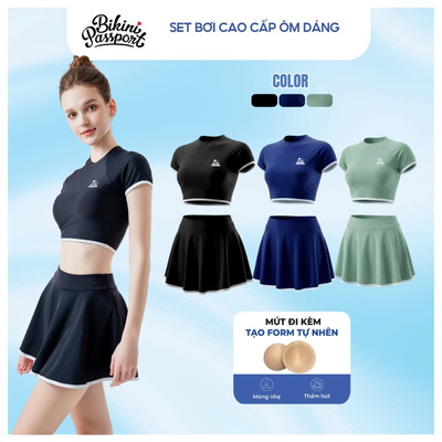Bộ đồ bơi nữ hai mảnh áo coptop kèm váy kín đáo, năng động, tôn dáng - Bikini Passport - BS1012_BL