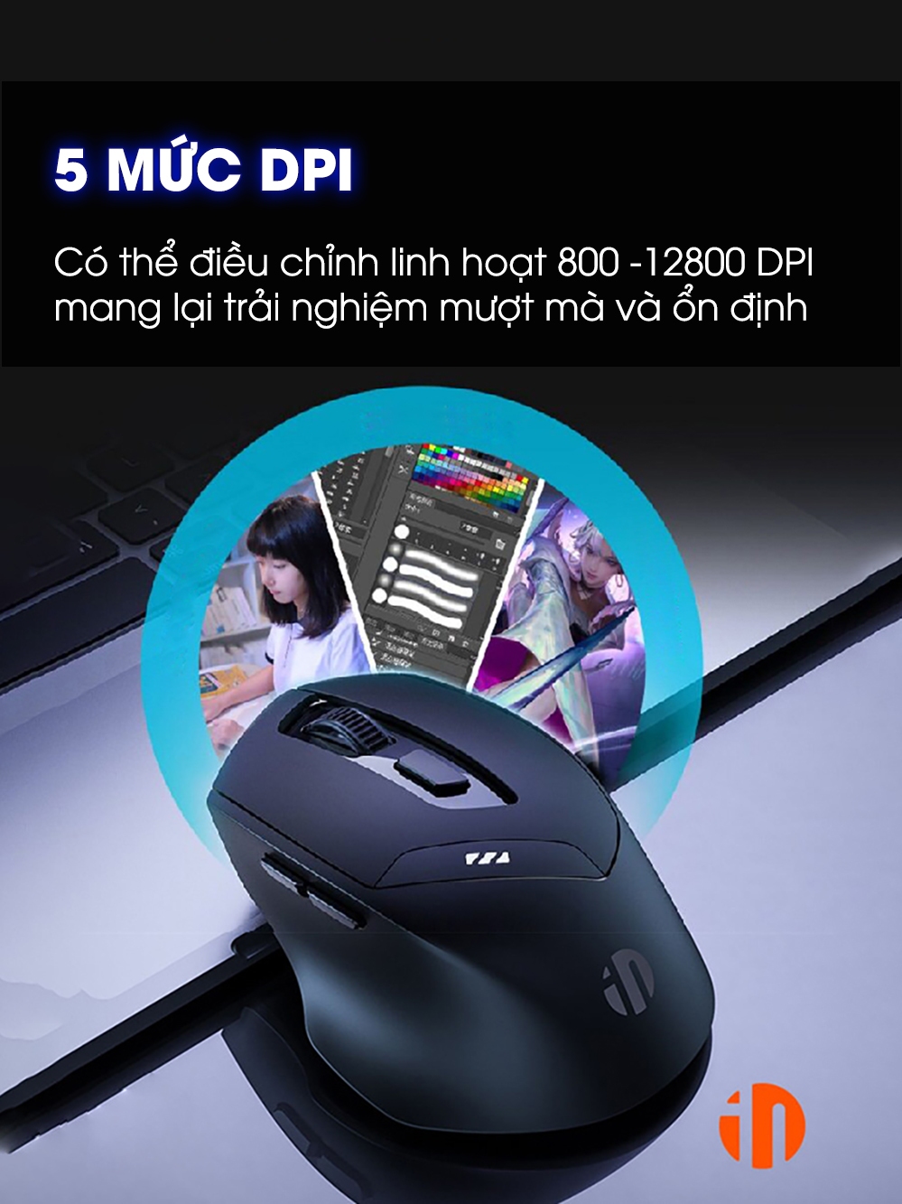 Chuột không dây bluetooth TEKKIN INPHIC DR01 V2 gaming silent sạc pin công thái học máy tính văn phò