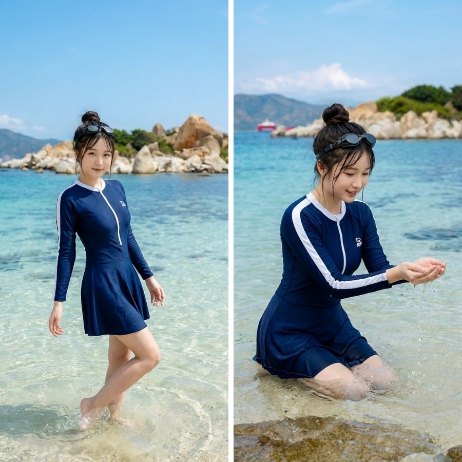 Bộ bơi một mảnh nữ tay dài thể thao,  kín đáo, chống nắng - bảo vệ da - Bikini Passport - BS1007_NV | BigBuy360 - bigbuy360.vn