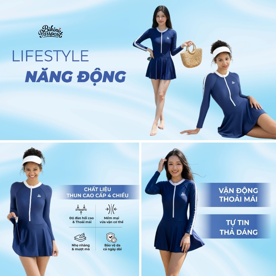 Bộ bơi một mảnh nữ tay dài thể thao,  kín đáo, chống nắng - bảo vệ da - Bikini Passport - BS1007_NV | BigBuy360 - bigbuy360.vn