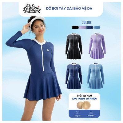 Bộ bơi một mảnh nữ tay dài thể thao,  kín đáo, chống nắng - bảo vệ da - Bikini Passport - BS1007_NV