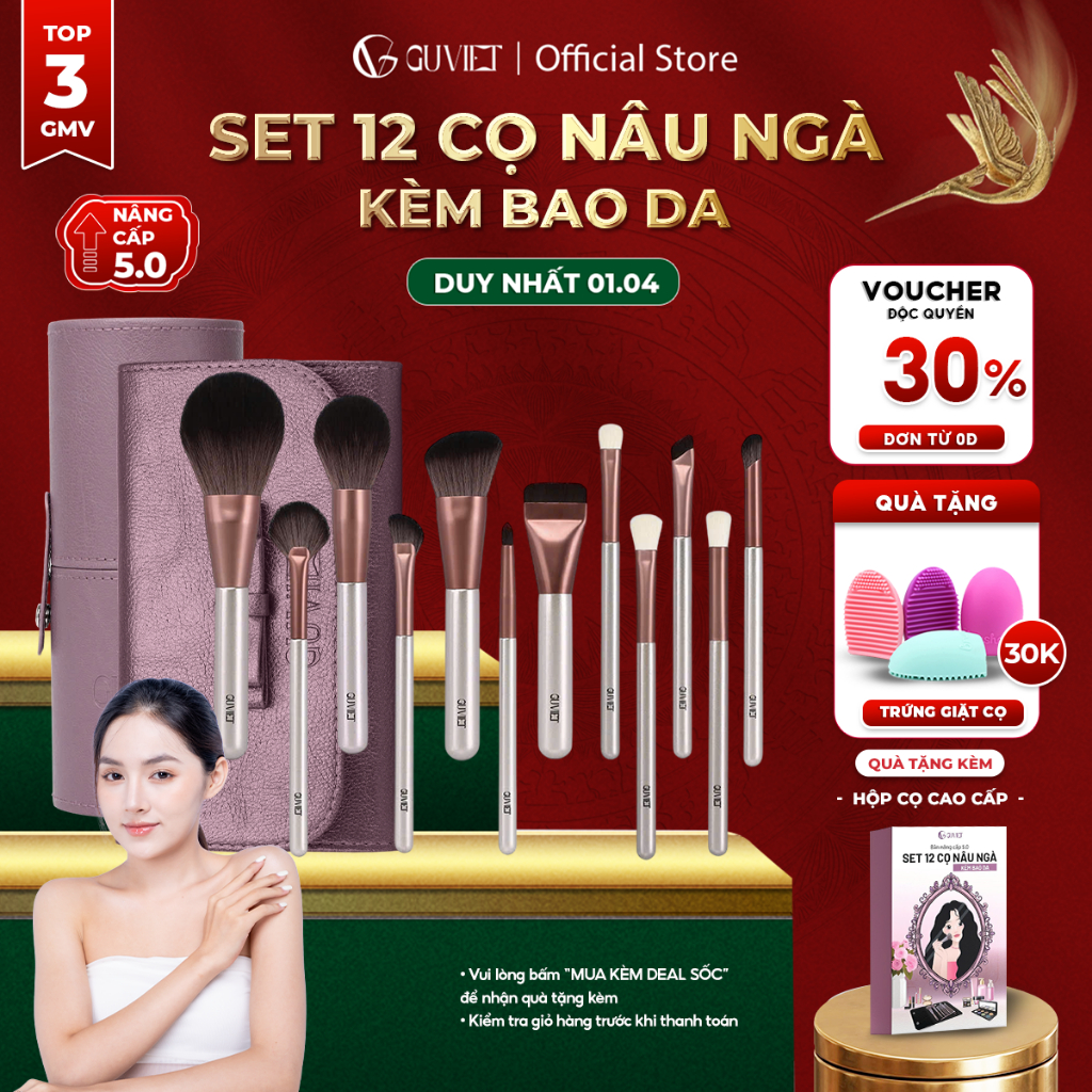 Bộ Cọ Trang Điểm Cá Nhân GUVIET 12 Cây Nâu Ngà Có Bao Da