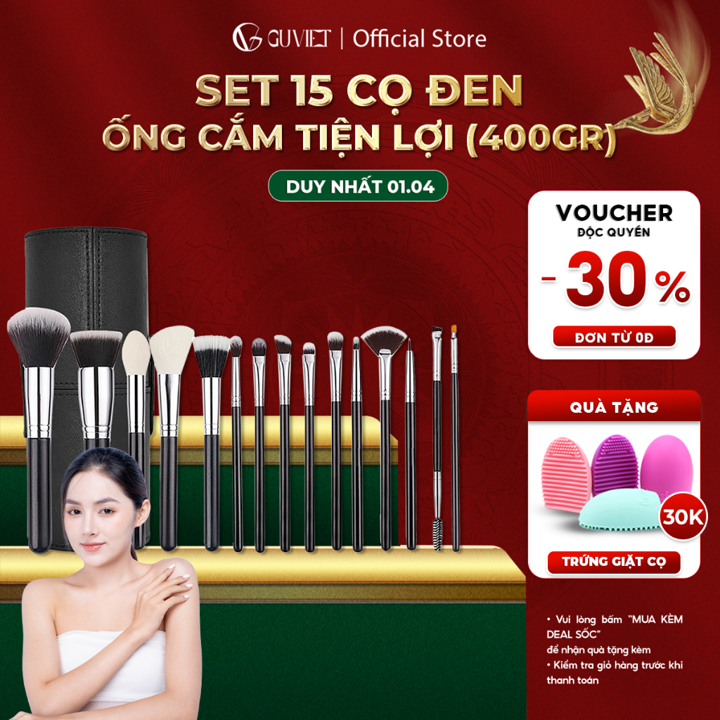 Bộ cọ trang điểm cá nhân GUVIET màu đen gồm 15 cọ kèm theo ống cắm tiện lợi