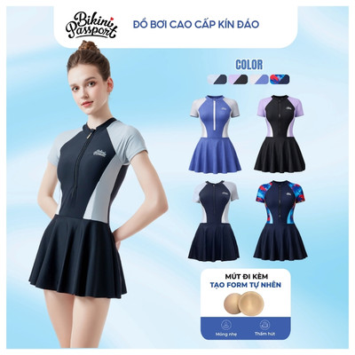 Đồ bơi một mảnh nữ tay ngắn kiểu váy kín dáo, năng động, tôn dáng - Bikini Passport - BS1008_BL