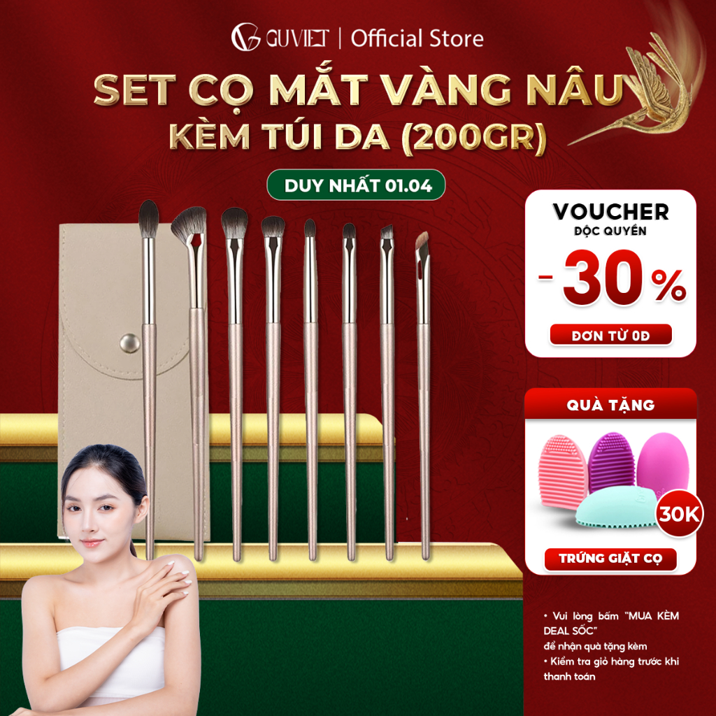Bộ cọ trang điểm mắt GUVIET màu vàng nâu gồm 8 cọ kèm theo túi da đựng