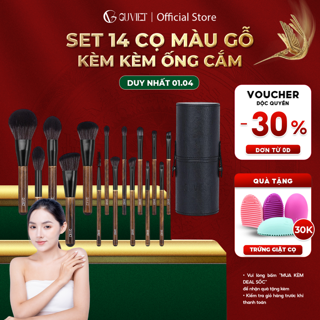 Bộ cọ trang điểm cá nhân GUVIET màu gỗ gồm 14 cọ đi kèm ống cắm đen