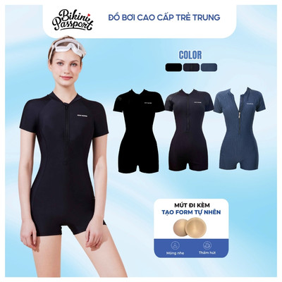 Đồ bơi liền thân nữ tay ngắn kiểu quần short kín đáo, che bụng, thể thao, có bigsize BIKINI PASSPORT - Đen - BS400_BL