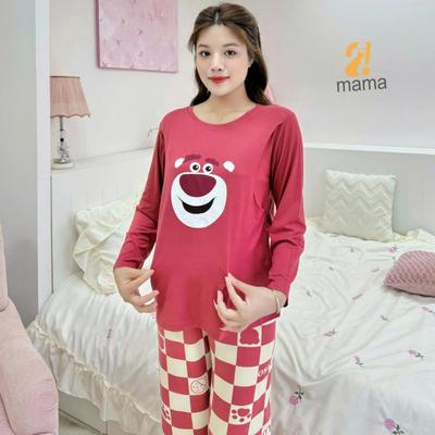 Bộ Bầu Mặc Nhà Cotton Gấu đỏ 2Mama Đồ Bầu Sau Sinh Mở 2 Bên Cho Con Bú Và Chun Chỉnh Bụng,Dài Tay
