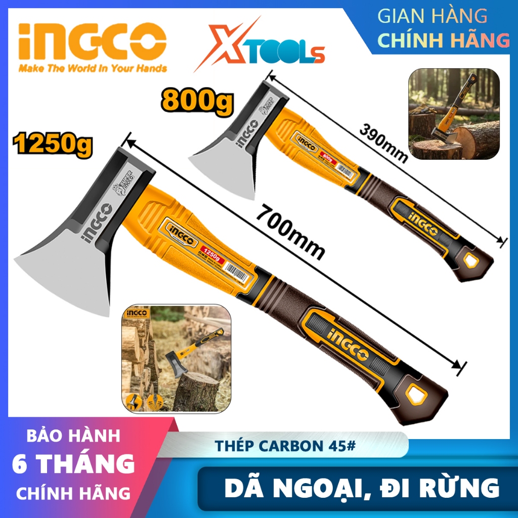 Búa rìu đa năng INGCO thép Cr-V, rìu bổ củi cán nhựa, 800 -1250g, dã ngoại, đi rừng, rìu chặt cây, c