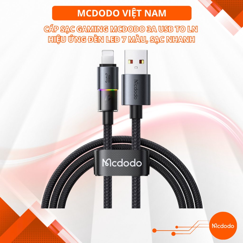 Cáp Sạc Gaming Mcdodo 3A USB to Ln | Hiệu Ứng Đèn LED 7 Màu, Sạc Nhanh