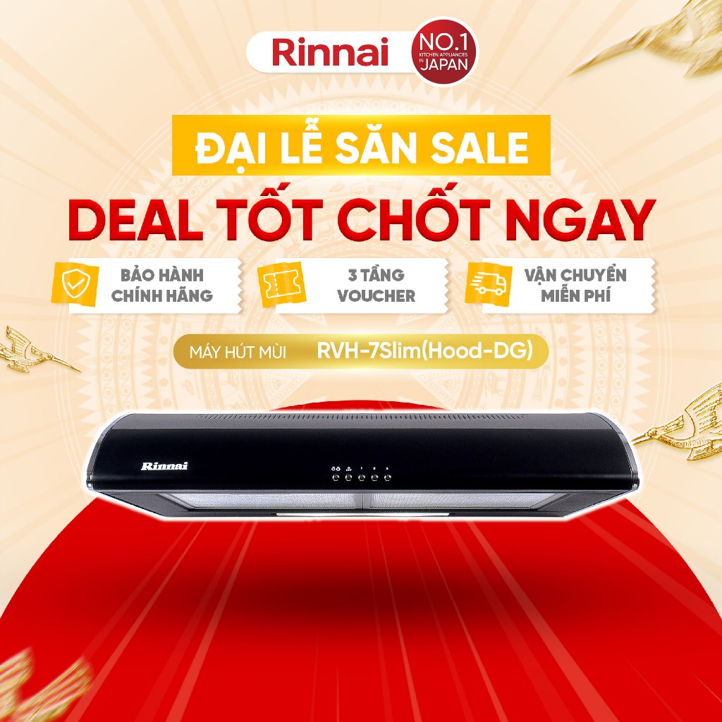 Máy hút mùi 70cm Rinnai RVH-7Slim(Hood-DG) than hoạt tính và ống thoát 380W