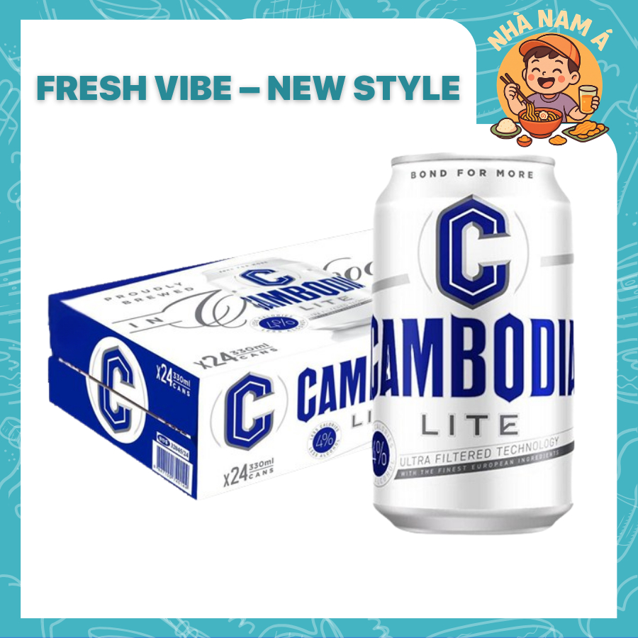 Thùng 24 Lon Bia Cambodia Lite Lager Campuchia 330ml Nồng Độ 4% Thơm Ngon