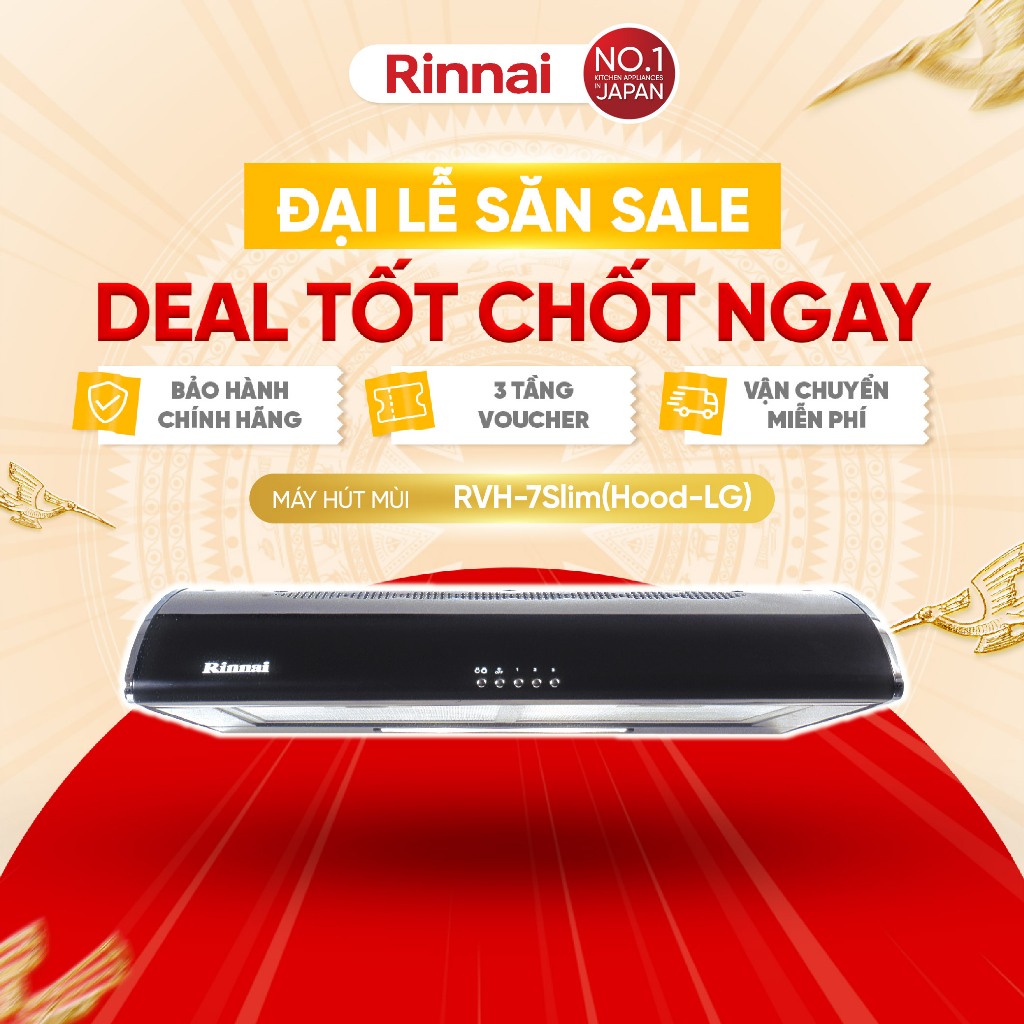 Máy hút mùi 70cm Rinnai RVH-7Slim(Hood-LG) than hoạt tính và ống thoát 380W
