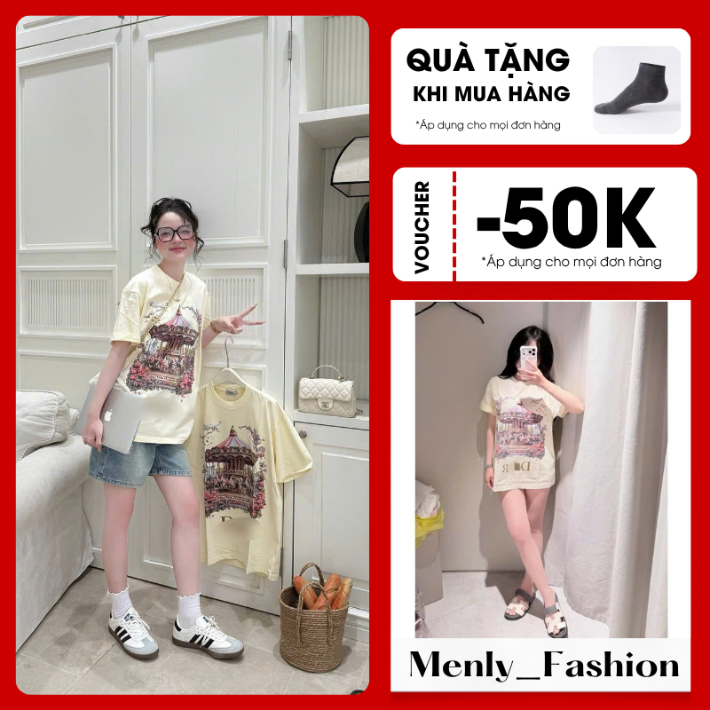 Áo Thun Nam Nữ Form Rộng Tay Lỡ In Họa Tiết Vòng Đu Quay Ngựa Gỗ Phong Cách Đơn Giản Basic Hot Trend New 2026