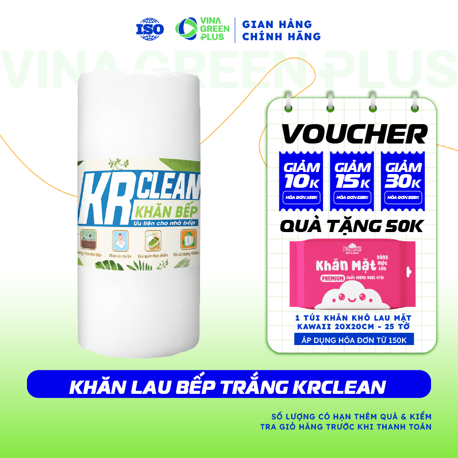 Cuộn khăn giấy lau bếp trắng KRCLEAN 100 tờ , giấy lau đa năng, giấy lau bếp siêu thấm hút, lau tay,