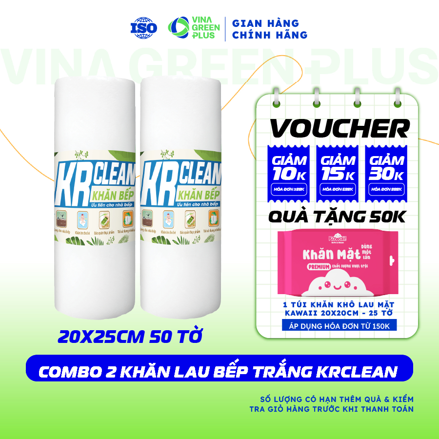 [COMBO 2] Cuộn khăn giấy lau bếp trắng KRCLEAN 50 tờ siêu sạch, thấm hút tốt, lau chén bát, bề mặt c