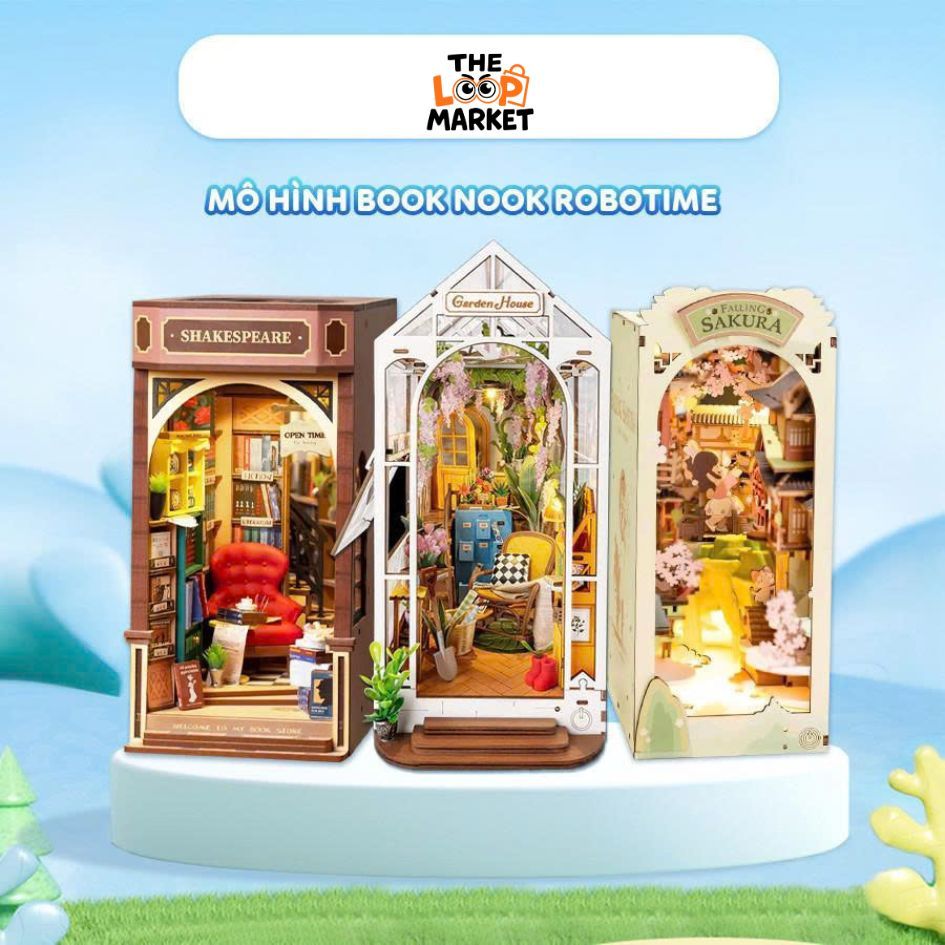 Mô Hình Lắp Ráp Book Nook Robotime Rolife Sunshine Town, Sakura, Bookstore, Magic House Có Đèn Led