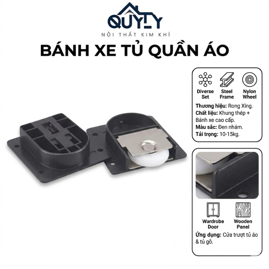 Bánh Xe Ray Lùa Nhôm Tủ Quần Áo, Bánh xe Rong Xing - Bộ Bánh Xe Trượt Cửa Tủ Gỗ, Nhựa Vinco Cao Cấp