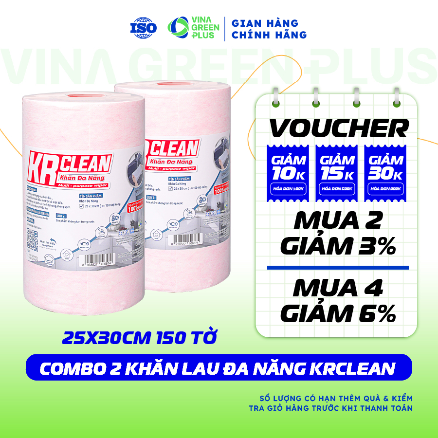 [COMBO 2] Cuộn khăn giấy lau đa năng KRCLEAN 25x30cm 150 cuộn khăn giấy lau bếp, lau tay thấm hút tố