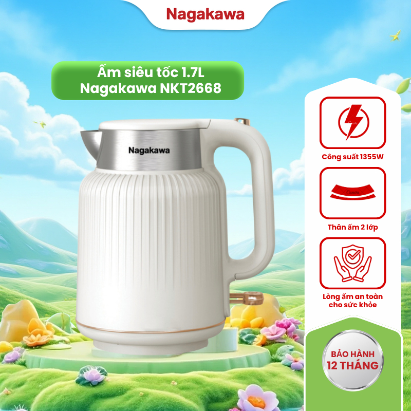 Bình đun nước siêu tốc 1.7L Nagakawa 2 lớp NKT2668, nhựa cao cấp & inox 304, rơ le kép an toàn, bảo 